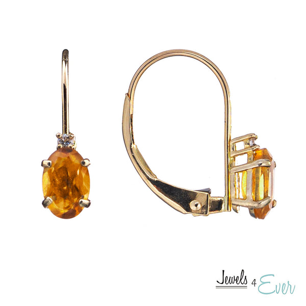 14K Yellow Gold Leverback Earrings with Genuine Gemstone 6x4mm and Diamonds