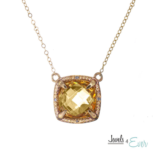 10kt Yellow Gold Genuine Gemstones 10x10mm With Diamond Necklace