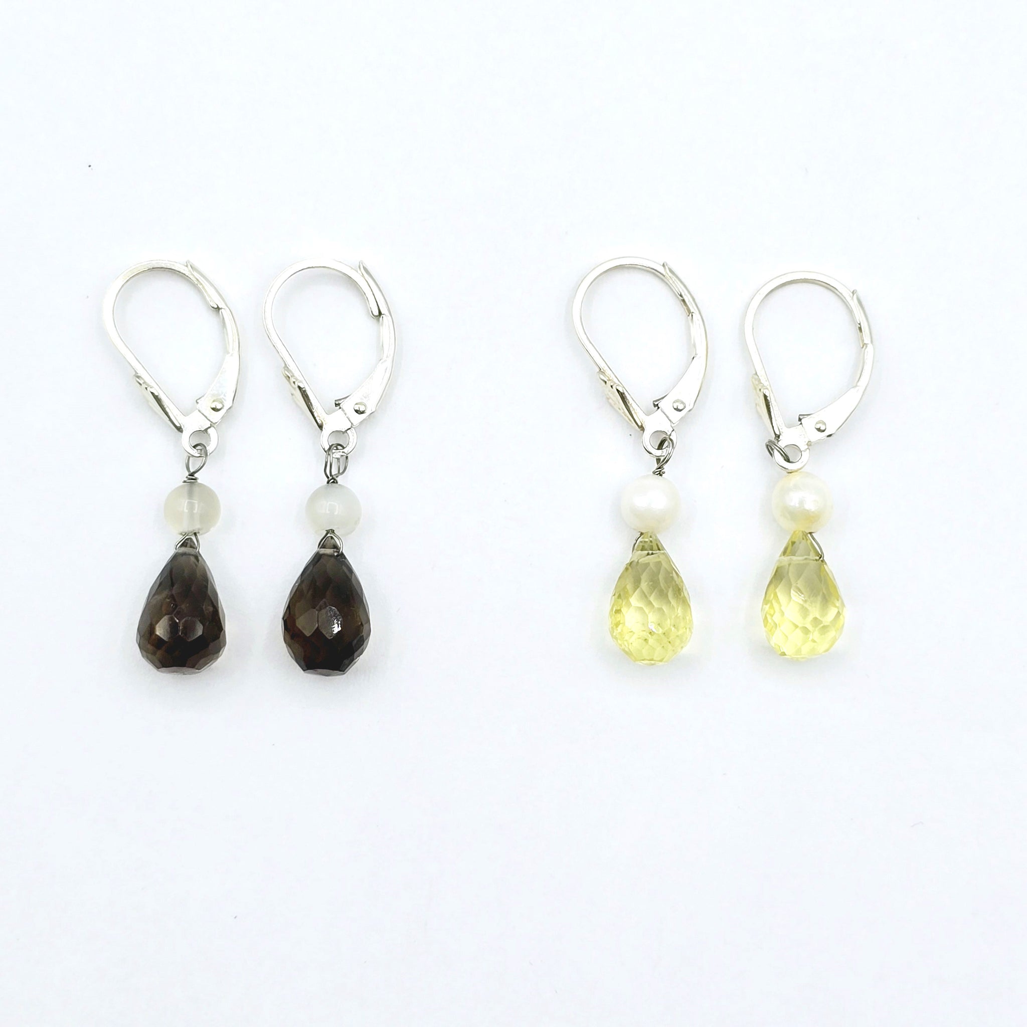 Set of 12 Sterling Silver Briolette Earrings with Smokey and Lemon Quartz