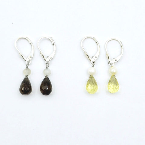 Set of 12 Sterling Silver Briolette Earrings with Smokey and Lemon Quartz