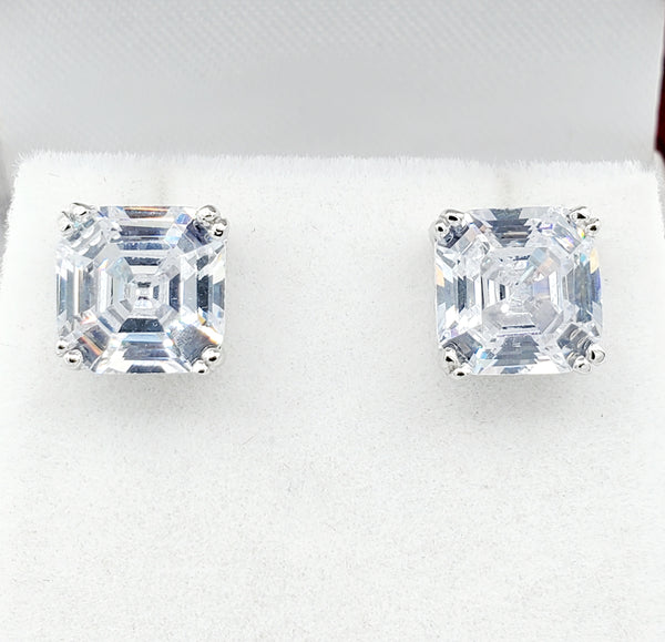 Sterling Silver 8x8mm Ascher Cut CZ Earrings