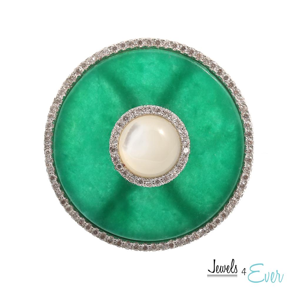 Sterling Silver Ring set with Mother of Pearl, Jade and Cubic Zirconia