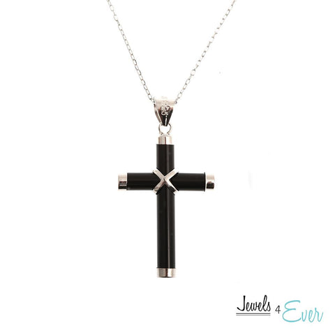 Sterling Silver Genuine Black Onyx Cross Pendant with 16" Rhodium Plated Chain
