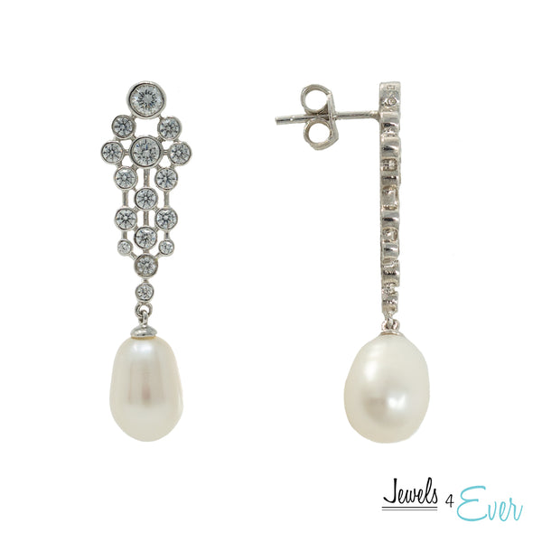 Sterling Silver Earrings and Pendant with Freshwater Pearl and Cubic Zirconia