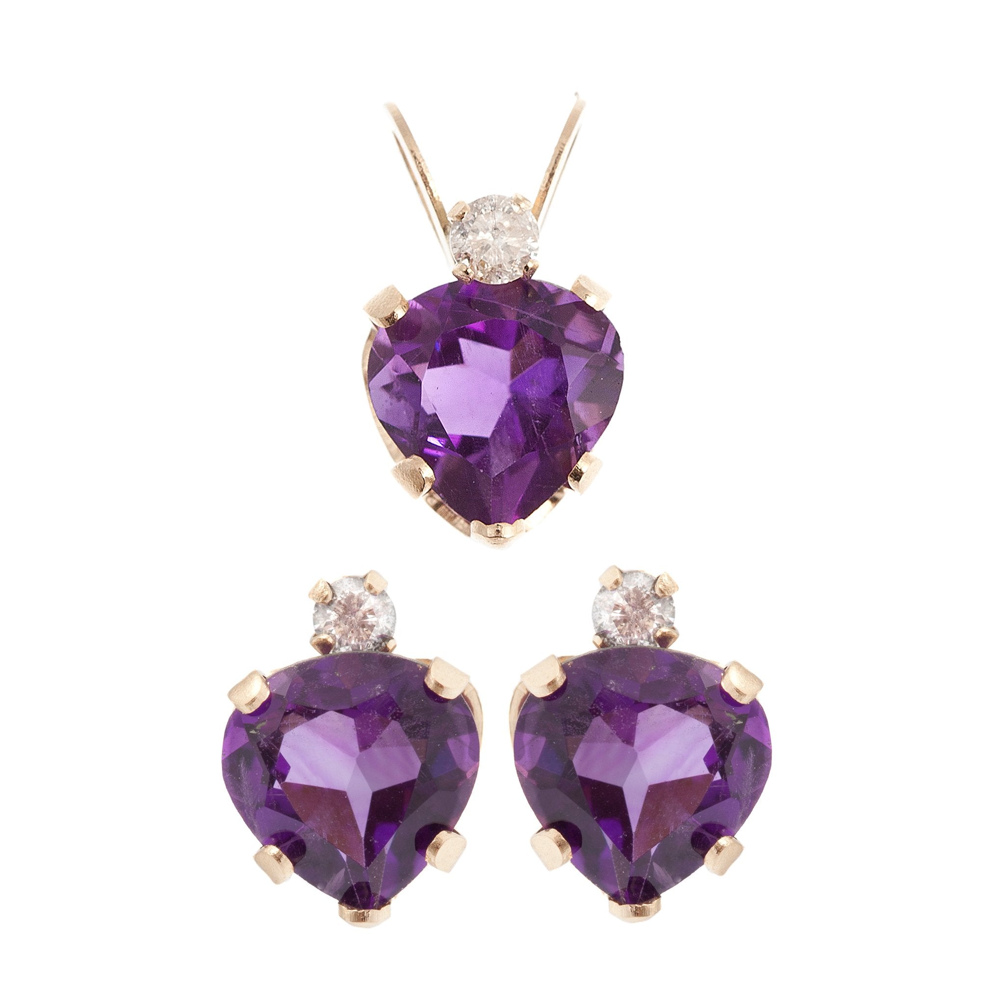 10KT Yellow Gold Genuine Amethyst Heart shaped Pendant and Earrings Set