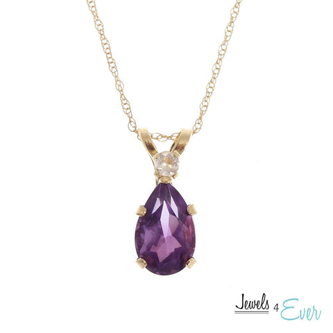 10KT Yellow Gold Genuine Amethyst & Moonstone Teardrop Pendant