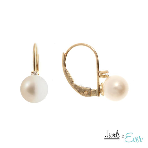 14KT.Yellow Gold Genuine Cultured Pearl and Diamond Lever Back Earrings