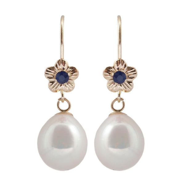 14KT Yellow Gold Genuine Fresh Water Pearl and Sapphire Lever-back Earrings