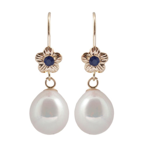 14KT Yellow Gold Genuine Fresh Water Pearl and Sapphire Lever-back Earrings