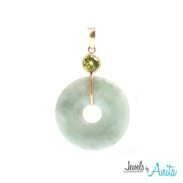 14KT Yellow Gold Jade Disc Earrings and Pendant with Genuine Gemstones