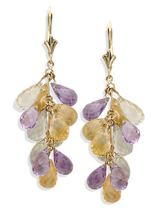 14KT White/Yellow Gold Genuine Gemstone Earrings Set With 40 Carats of Amethyst, Green Amethyst, Citrine and Rose Quartz Briolette Stones