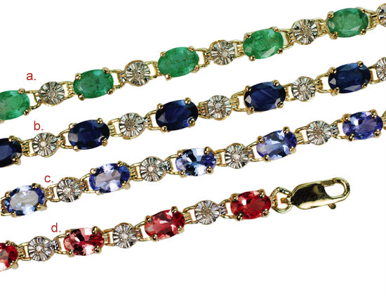 10 Karat Gold Genuine Gemstone Bracelets, 13 (6x4mm) 5-6 Carats & 13 Diamonds 0.06 Carat