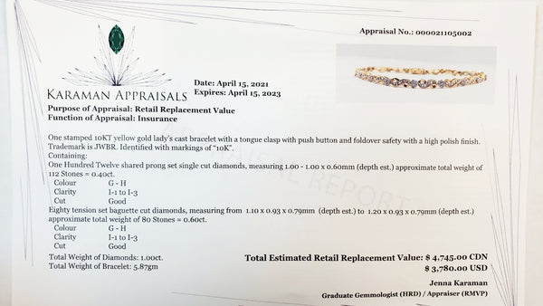 10kt yellow gold bracelet with a tongue clasp prong set single cut diamonds 1.0ct.