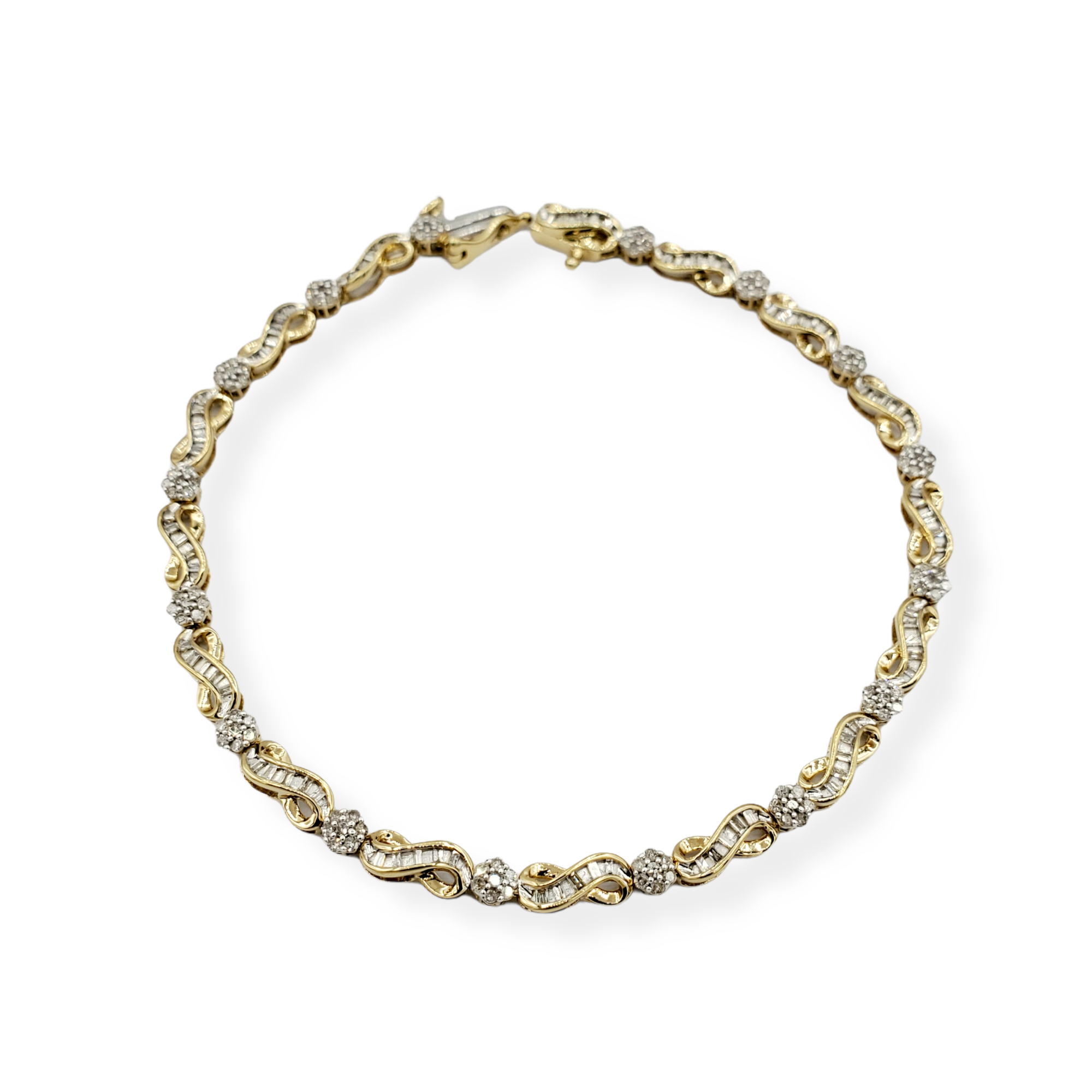 10kt yellow gold bracelet with a tongue clasp prong set single cut diamonds 1.0ct.