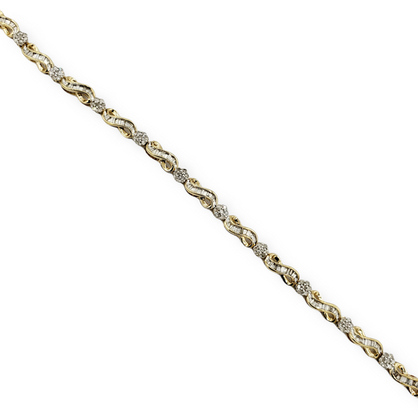10kt yellow gold bracelet with a tongue clasp prong set single cut diamonds 1.0ct.