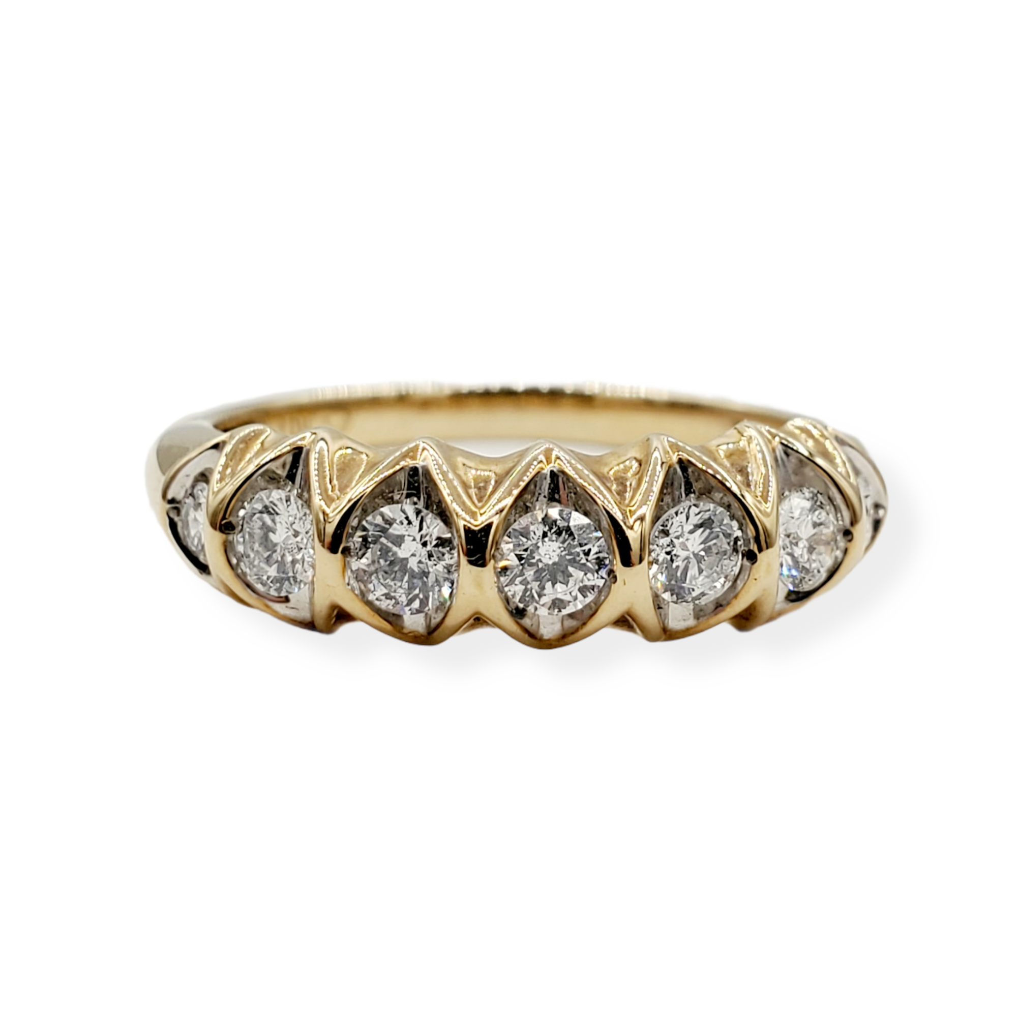 10kt yellow and white gold ring with seven v-prong set round brilliant cut diamonds 0.50ct