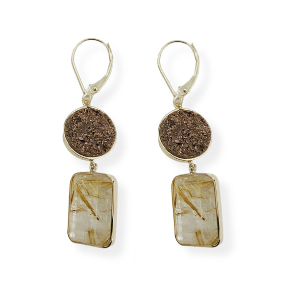14Kt Gold Rutilated Quartz 15cts with Druzy Earrings