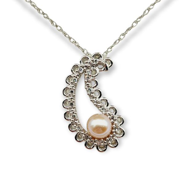 10K White Gold Pearl and Diamond Pendant & Chain