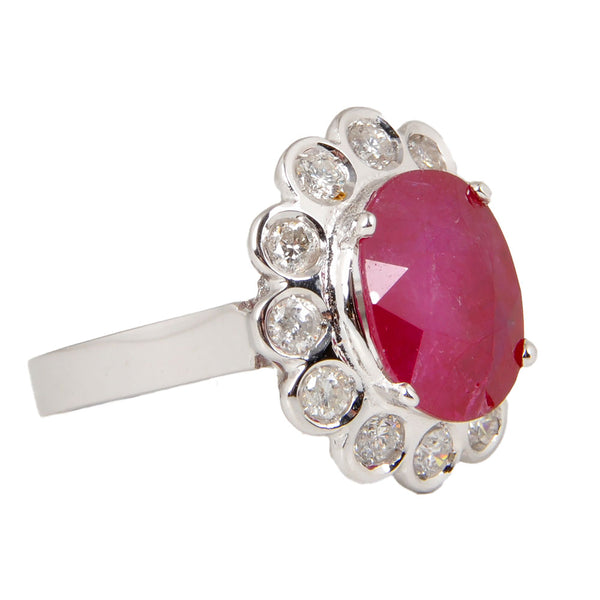 14KT White Gold Ladies Ring with Oval Cut Ruby & Bezel Set Diamonds