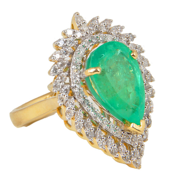 14KT Yellow & White Gold Ladies Ring with Natural Columbian Emerald & Round Cut Diamonds
