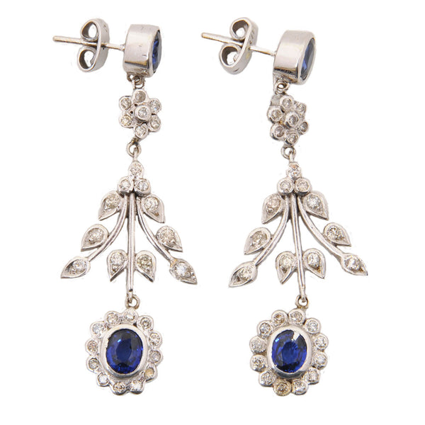 18KT White Gold Push Back Earrings with Natural Sapphire & Diamonds
