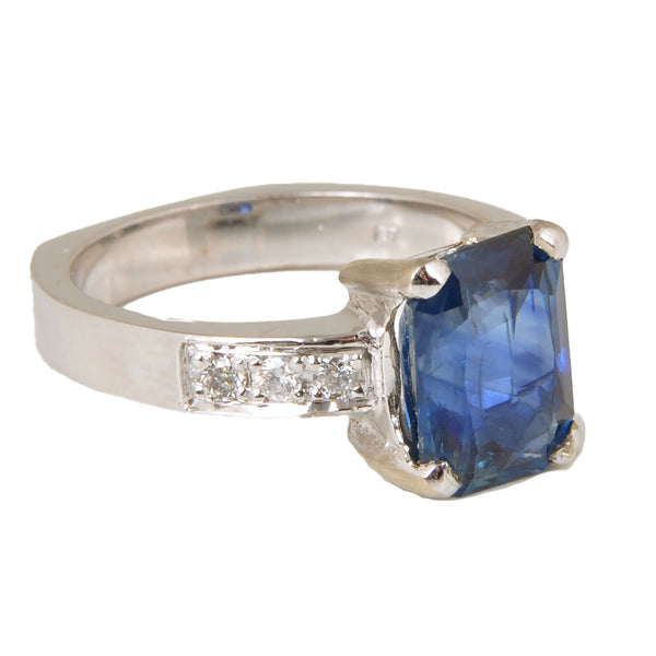 10KT & Platinum White Gold Ladies Ring with Rectangular Blue Sapphire & Round Cut Diamonds