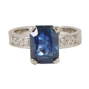 10KT & Platinum White Gold Ladies Ring with Rectangular Blue Sapphire & Round Cut Diamonds