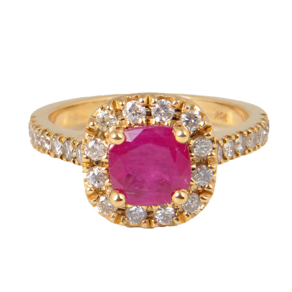 18KT Yellow gold Ladies Ring with Round Cut Ruby & Round Cut Diamonds