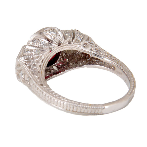 Platinum Ladies Ring with One Bezel Set Rectangular Cushion Cut Ruby & Round Cut Diamonds