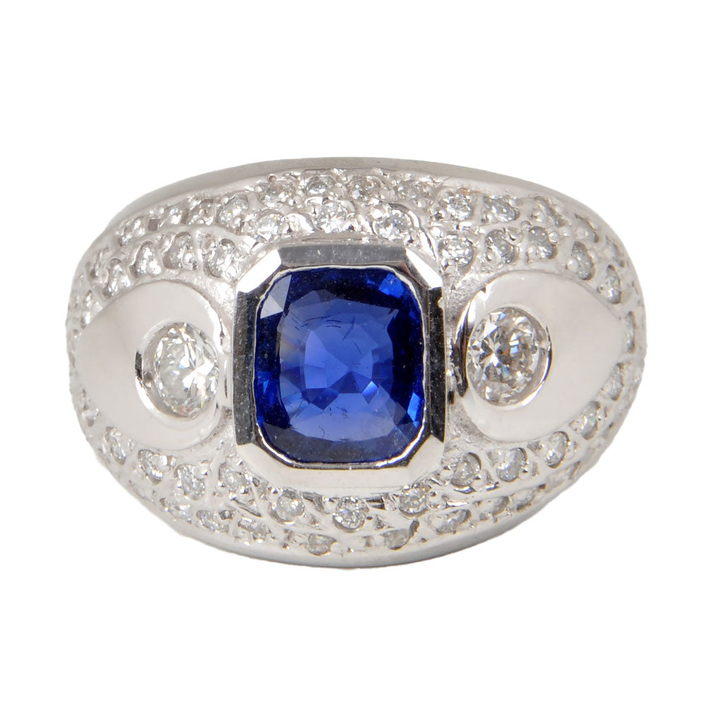 18KT White Gold Ladies Ring with Rectangular Cut Blue Sapphire & Round Cut Diamonds