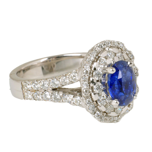 18KT White Gold Ladies Ring with Oval Cut Blue Sapphire & Round Cut Diamonds