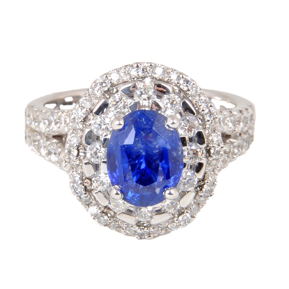 18KT White Gold Ladies Ring with Oval Cut Blue Sapphire & Round Cut Diamonds