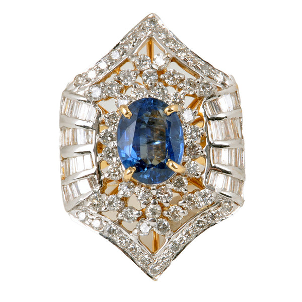 14KT Yellow & White Gold Ladies Ring with Natural Cut Blue Sapphire & Baguette Cut Diamonds