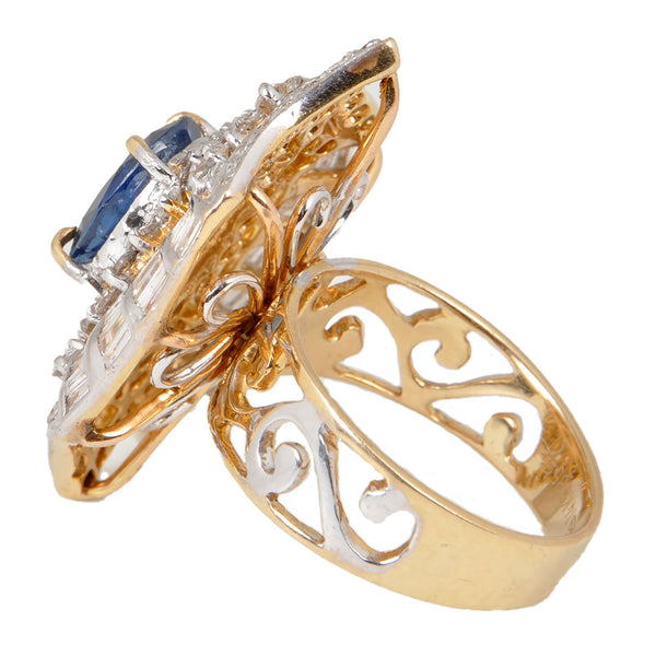 14KT Yellow & White Gold Ladies Ring with Natural Cut Blue Sapphire & Baguette Cut Diamonds