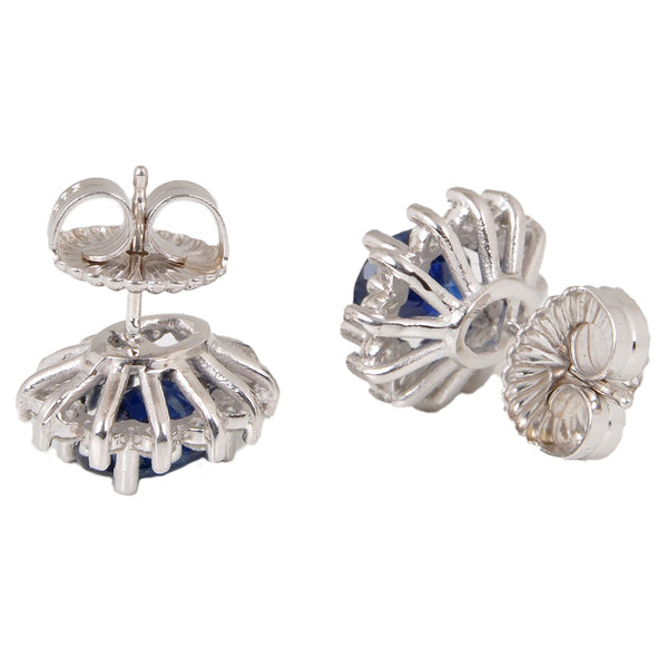 14KT White Gold Push Back Ladies Earrings with Oval Cut Natural Blue Sapphires & Round Cut Diamonds