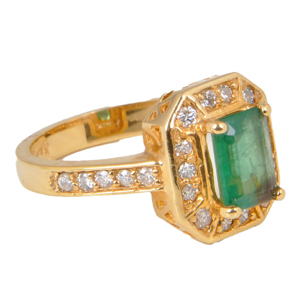 14KT Yellow Gold Ladies Ring with Natural Cut Rectangular  Emerald & Round Cut Diamonds