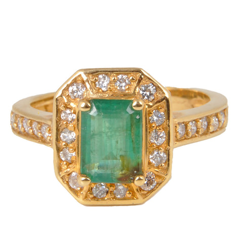 14KT Yellow Gold Ladies Ring with Natural Cut Rectangular  Emerald & Round Cut Diamonds