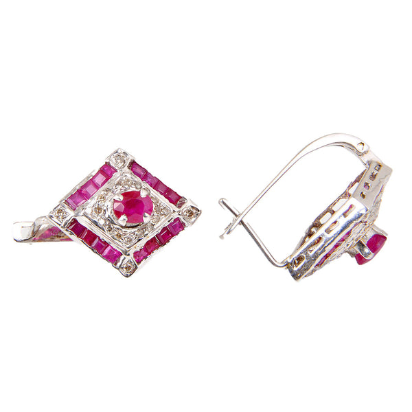18KT White Gold Ladies Clip Back Earrings with Natural Oval Cut Rubies & Round Cut Diamonds
