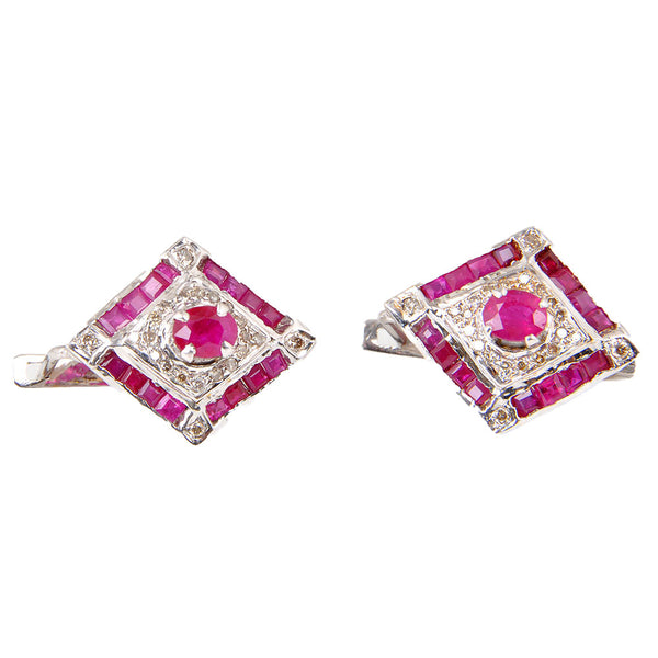 18KT White Gold Ladies Clip Back Earrings with Natural Oval Cut Rubies & Round Cut Diamonds