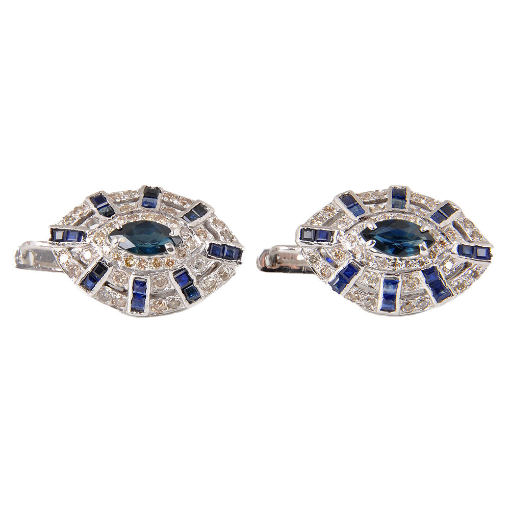 18KT White Gold Ladies Clip Back Earrings with Natural Diamonds & Sapphires
