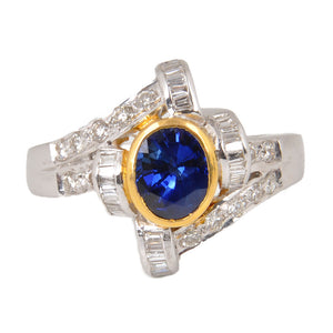 18KT White and Yellow Gold Ladies Ring with Oval Cut Natural Blue Sapphire & Baguette Cut Diamonds