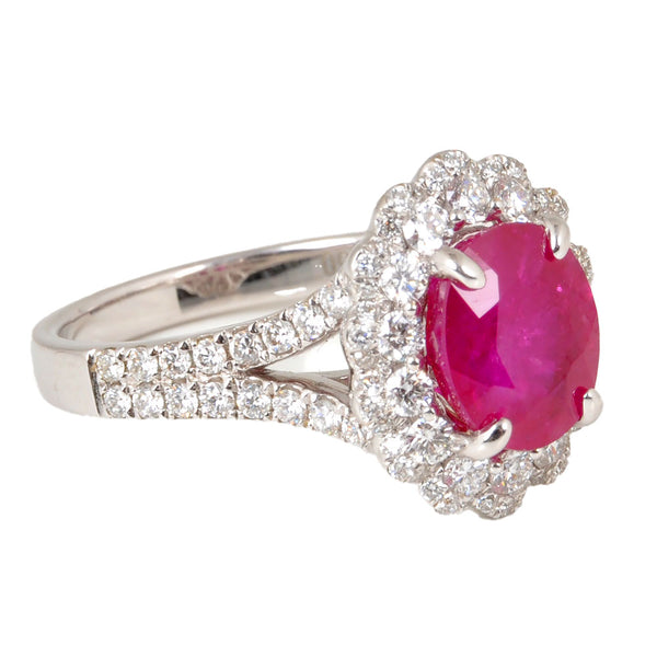 14KT White Gold Ladies Ring with Oval Cut Ruby & Round Cut Brilliant Diamonds
